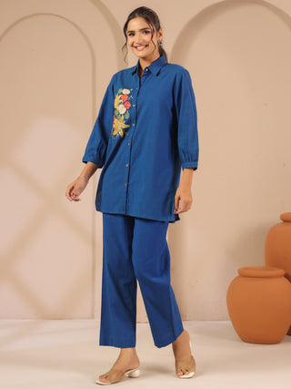 Blue cotton solid shirt style tunic cord set with matching tousers