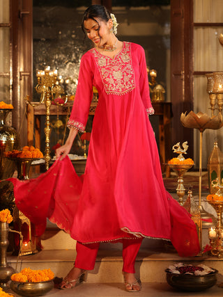 Pink Embroidered Anarkali Kurta Set with Pocket