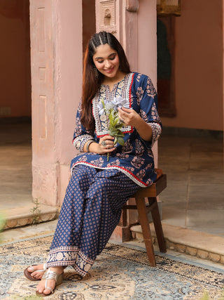 Navy Blue Mughal Print Straight 2-Piece Kurta Set