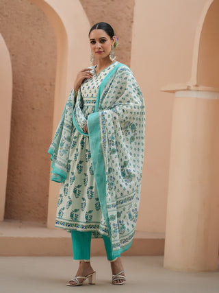 Women Teal Floral Printed Pure Cotton A-line Kurta With Solid Trouser And With Printed Dupatta