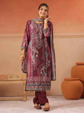 Wine panel printed silk blend kurta set with solid trousers and printed dupatta
