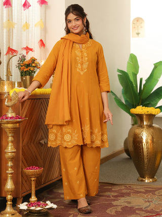 Mustard Embroidered Cotton A-Line Kurta Set