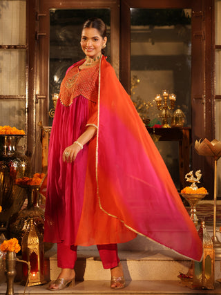 Pink Orange Embroidered Anarkali Kurta Set with Pocket