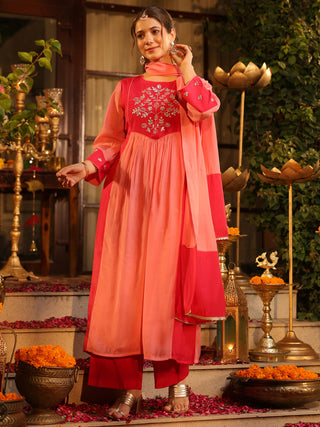 Pink Embroidered Yoke A-Line Kurta Set with Pocket