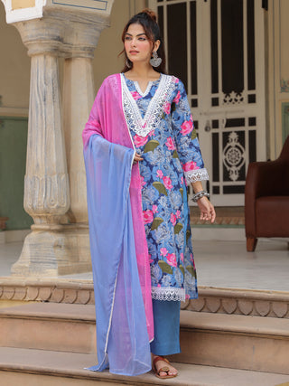Blue Floral Print Lace 3-Piece Kurta Set