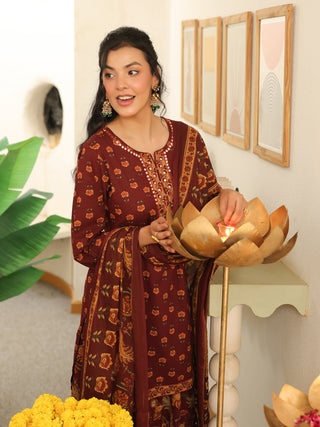 Brown Floral Print Cotton Straight Kurta Set