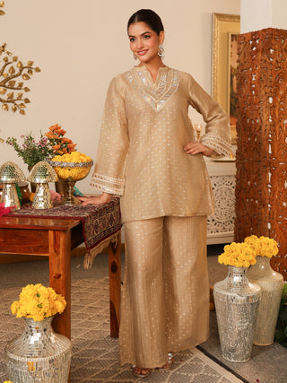 Champagne Beige Woven Butti Tissue Co-Ord Set
