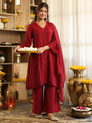 Maroon Lace Chanderi A-Line Kurta Set with Pocket