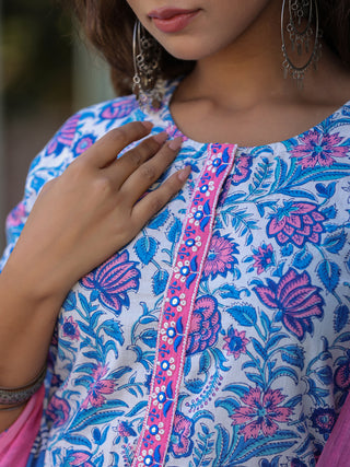 Women Blue Floral Printed Straight Kurta With Afghani Salwar and Printed Dupatta