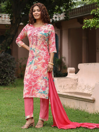 Pink Floral Embroidered 3-Piece Straight Kurta Set