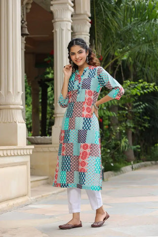 Women Blue Patch Printed A-line Kurti