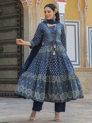 Printed Navy Blue Anarkali Kurta With Trouser