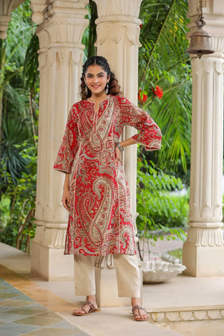 Women Red Paisley Prented Pure Cotton A-line Kurta