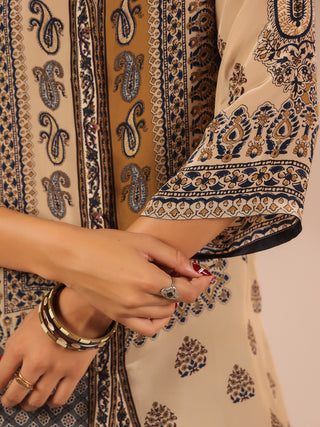 Beige ethnic printed crepe shirt