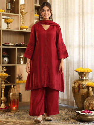 Maroon Lace Chanderi A-Line Kurta Set with Pocket