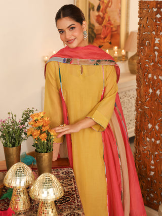 Yellow Beaded Chanderi Anarkali Kurta Set with Pocket
