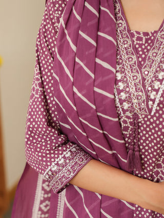 Purple Bandhani Print Straight Kurta Set with Pocket