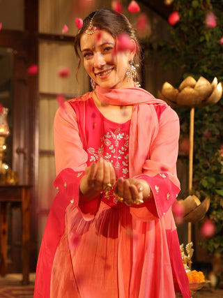 Pink Embroidered Yoke A-Line Kurta Set with Pocket