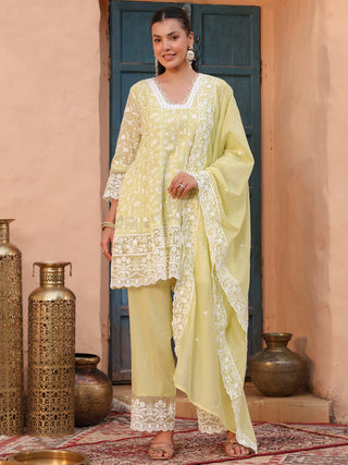 Lime Floral Embroidered Lace 3-Piece Straight Kurta Set
