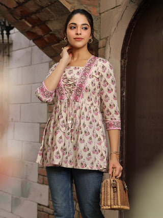 Women Beige Floral Printed Pure Cotton Empire Tops