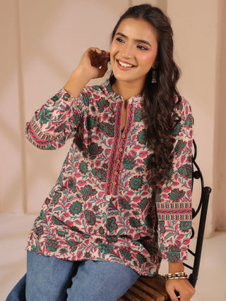 Green Floral Print Cotton Mandarin Collar Top