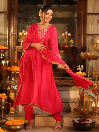 Pink Embroidered Anarkali Kurta Set with Pocket
