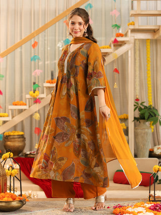 Mustard Floral Chanderi A-Line Kurta Set with Pocket