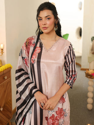 Peach Panel Print Chanderi Straight Kurta Set