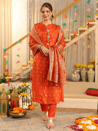 Orange Ethnic Motif Print Rayon Straight Kurta Set With Pant Pocket