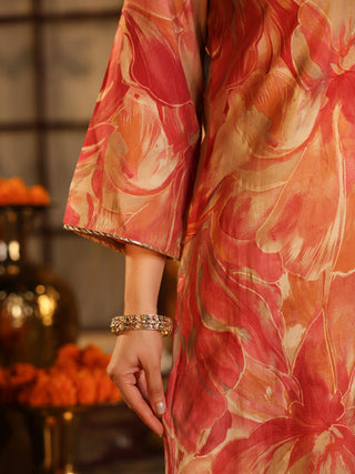 Beige Floral Print Straight Kurta Set with Pocket