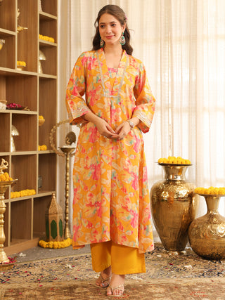 Mustard Floral Print Rayon A-Line Kurta Set with Pocket