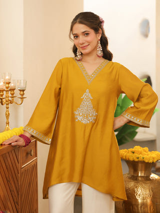 Mustard Embroidered Chanderi Co-Ord Set