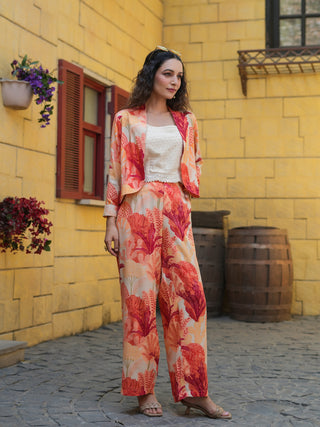 Women Pastel Tropical Printed Trouser And Jacket With Pure Cotton Chiffly Crop Top