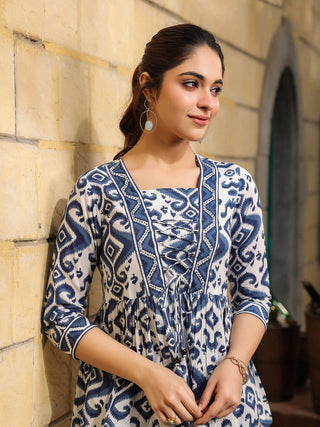 Women Blue Ikat Printed Pure Cotton A-line Tops