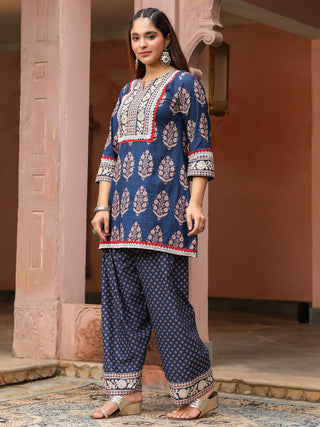 Navy Blue Mughal Print Straight 2-Piece Kurta Set