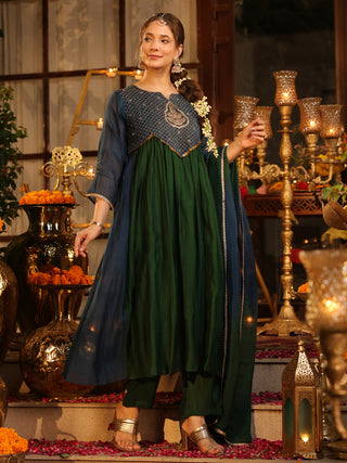 Bottle Green Embroidered Anarkali Kurta Set with Pocket