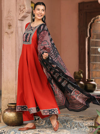 Red Printed 3-Piece Anarkali Kurta Set