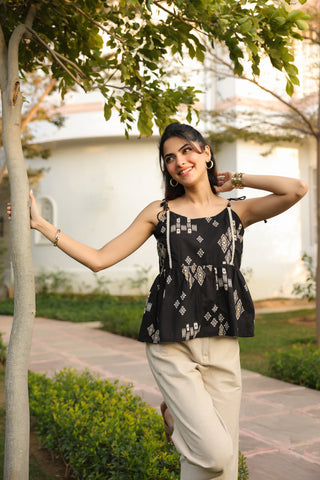 Black Abstract Print Fit & Flare Top