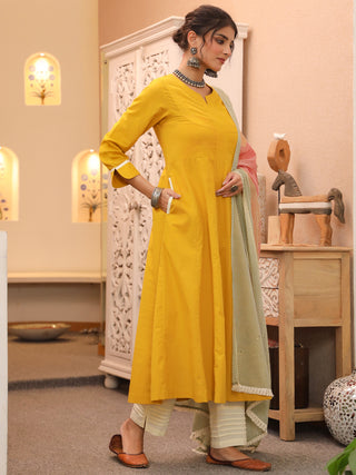 Mustard Solid Lace 3-Piece Kurta Set