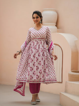 Women Pink Floral Printed Pure Cotton A-line Kurta With Solid Trouser And With Printed Dupatta