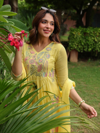 Yellow Floral Embroidered 3-Piece Anarkali Kurta Set