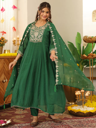 Green Embroidered Anarkali Kurta Set with Pocket