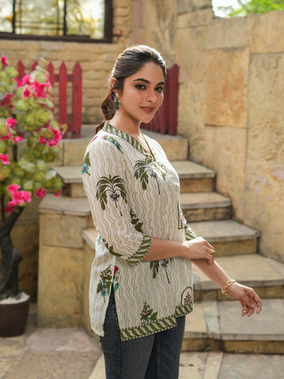 Women Green & Off White Ethnic Motifs Printed Pure Cotton Kurti