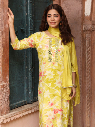 Green Floral Embroidered 3-Piece Straight Kurta Set