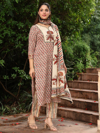 Rust Striped Embroidered 3-Piece Straight Kurta Set