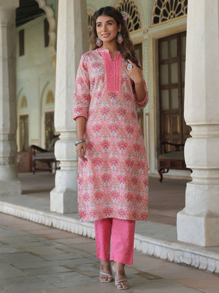 Floral Printed Pure Cotton Kurta with Trousers & Dupatta