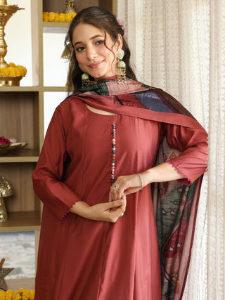 Brick Red Chanderi A-Line Kurta Set