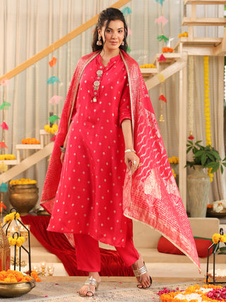 Fuchsia Ethnic Motif Print Rayon Straight Kurta Set With Pant Pocket