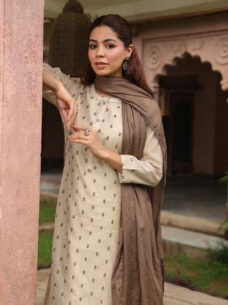 Beige Embroidered 3-Piece Straight Kurta Set