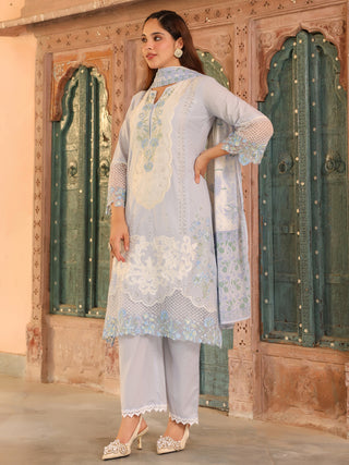 Blue Floral Embroidered Lace 3-Piece Straight Kurta Set